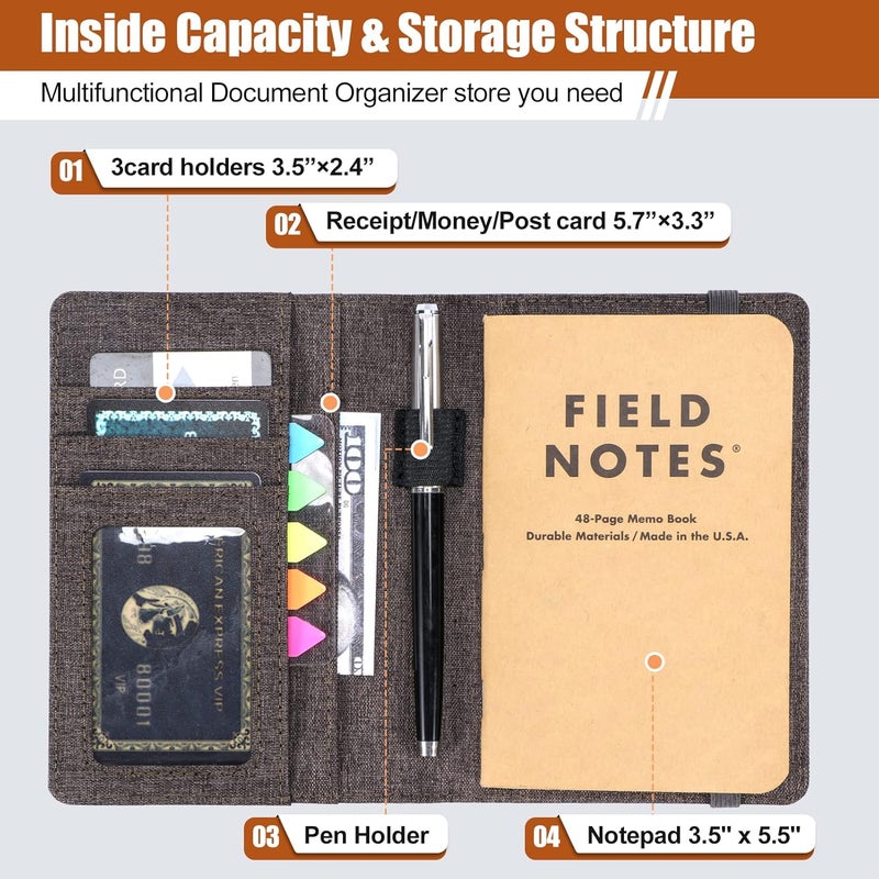 Plinyvel Notebook Cover for Field Notes 3.5"x5.5" - Waterproof Organizer with Pen Loop Holder and Card Slots, Travel Journal Accessories, Fits 3.5x5.5 Inch Pocket Notebooks (Brown) - Image 4